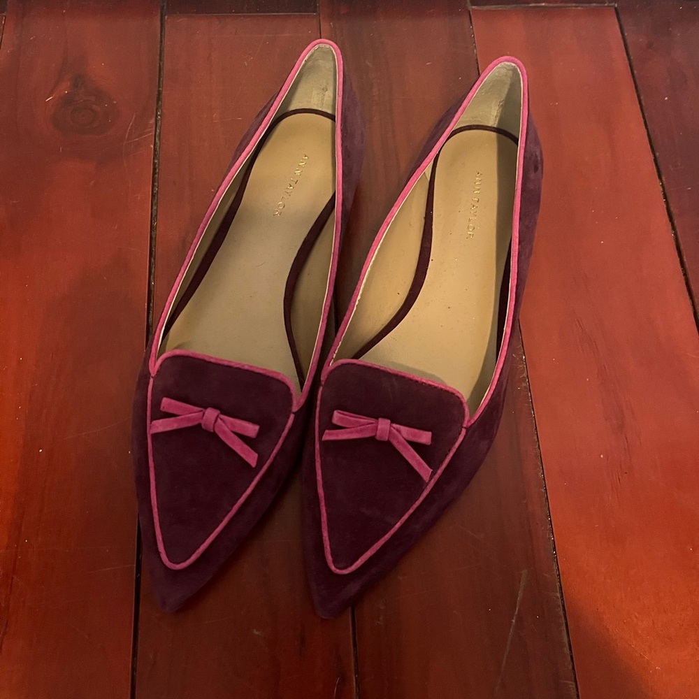 Pointed suede flats in Deep Plum with Pink Trim